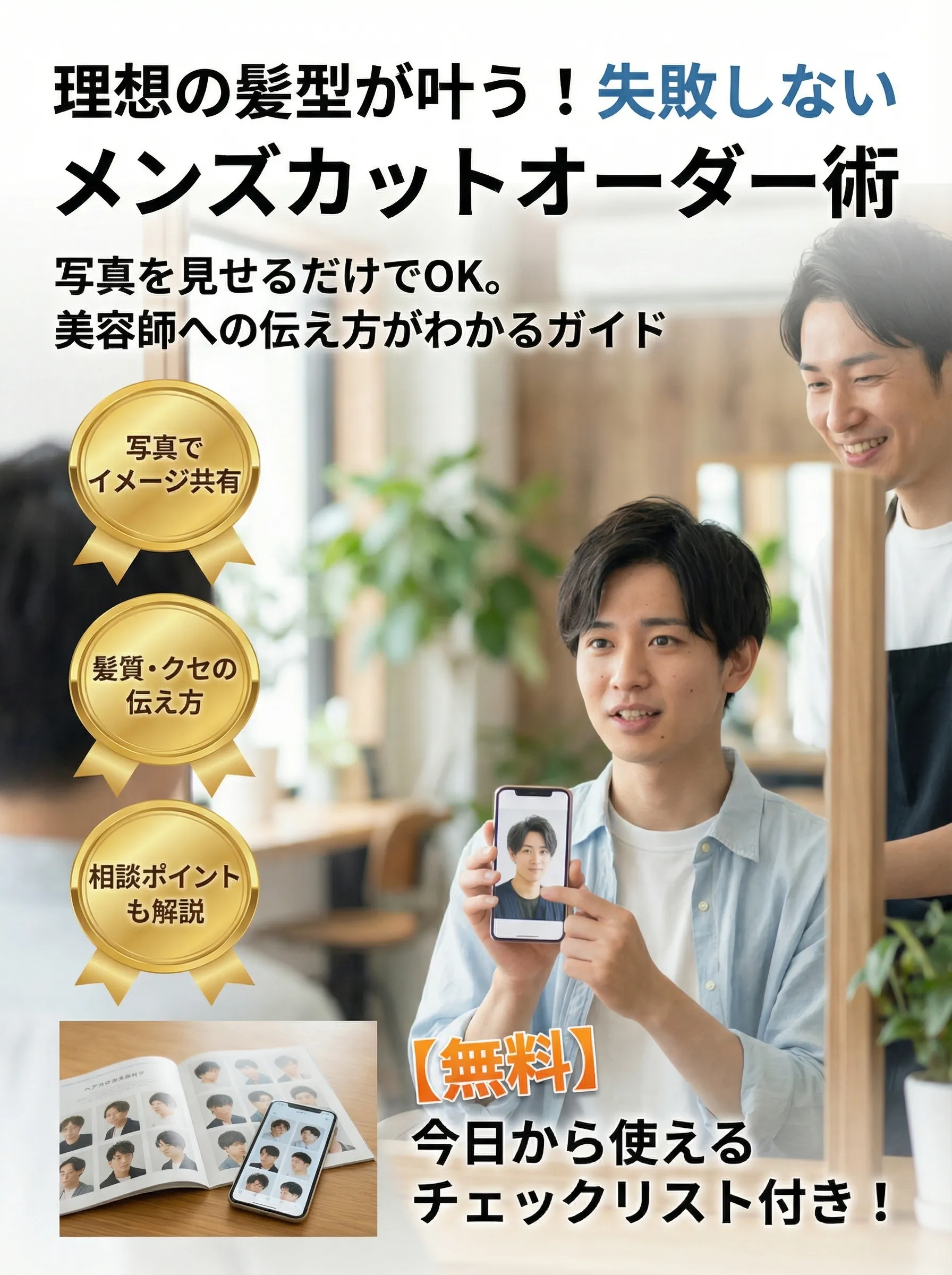 美容師と男性がカウンセリングで理想のメンズカットを相談している様子