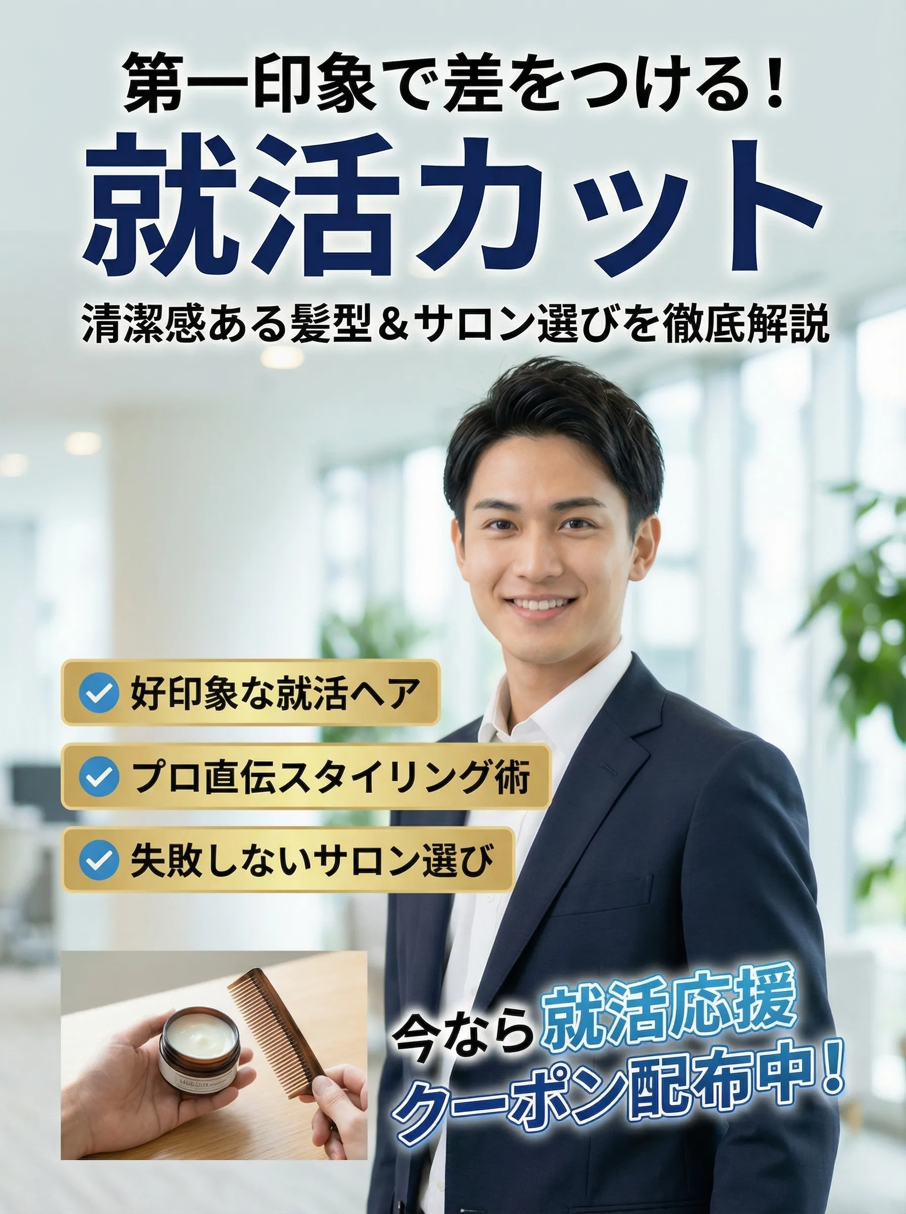 就活用メンズカットで清潔感と自信を演出する若い男性が美容室で施術を受けている様子