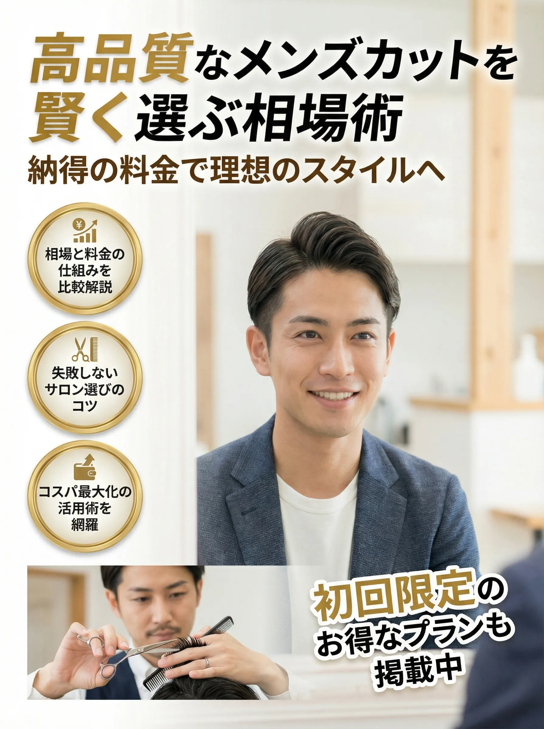 都市部の男性が複数の美容室の料金表を比較し、お得で高品質なメンズカットを選んでいる様子のイメージ