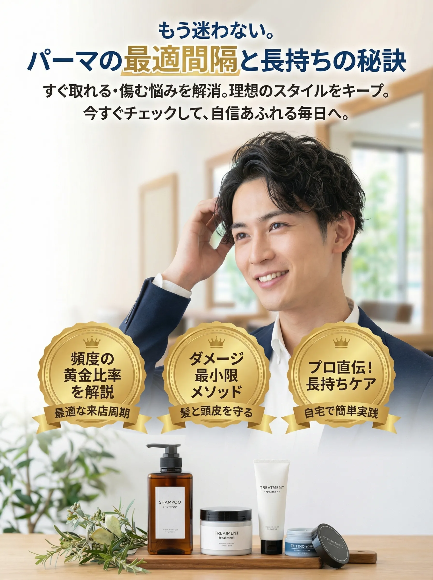 メンズパーマの最適な施術間隔を美容師と相談する男性