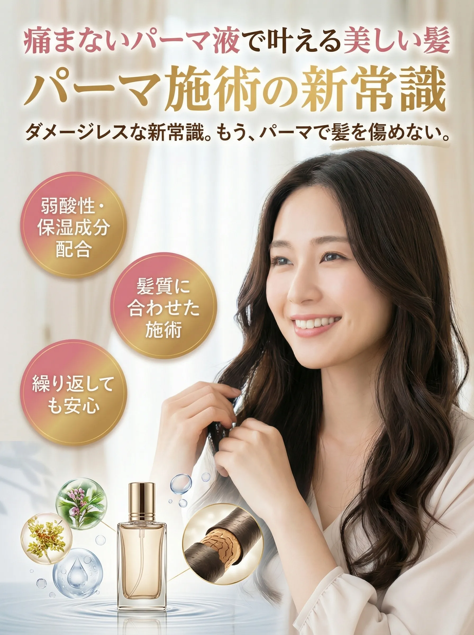 髪が痛まないパーマ液で美しいカールを施術するサロンのイメージ